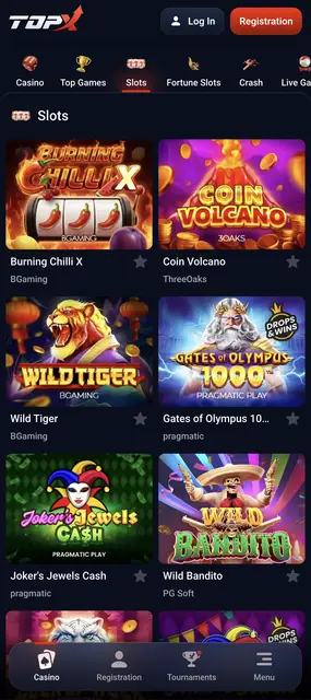 Web móvil de TopX, tragamonedas destacadas como Burning Chilli X y Coin Volcano
